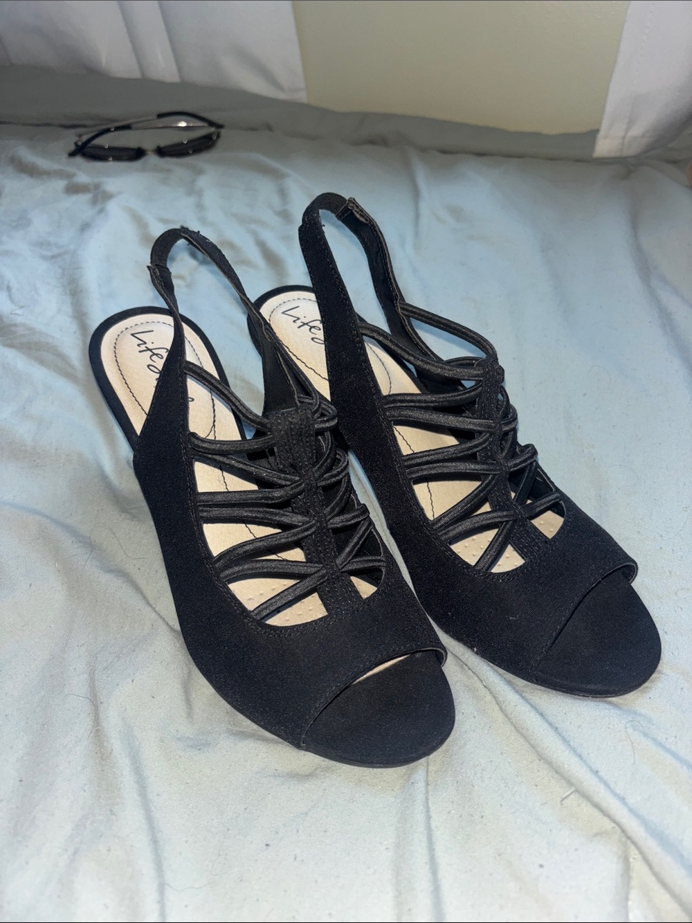 Life Stride Black Strappy Slingback Peep-Toe Heels
